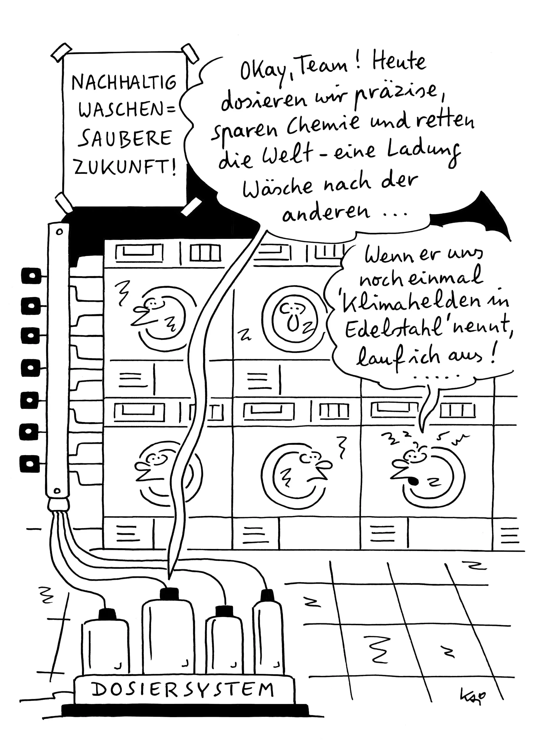 Cartoon mit Dosiersystemen in einer Wäscherei
