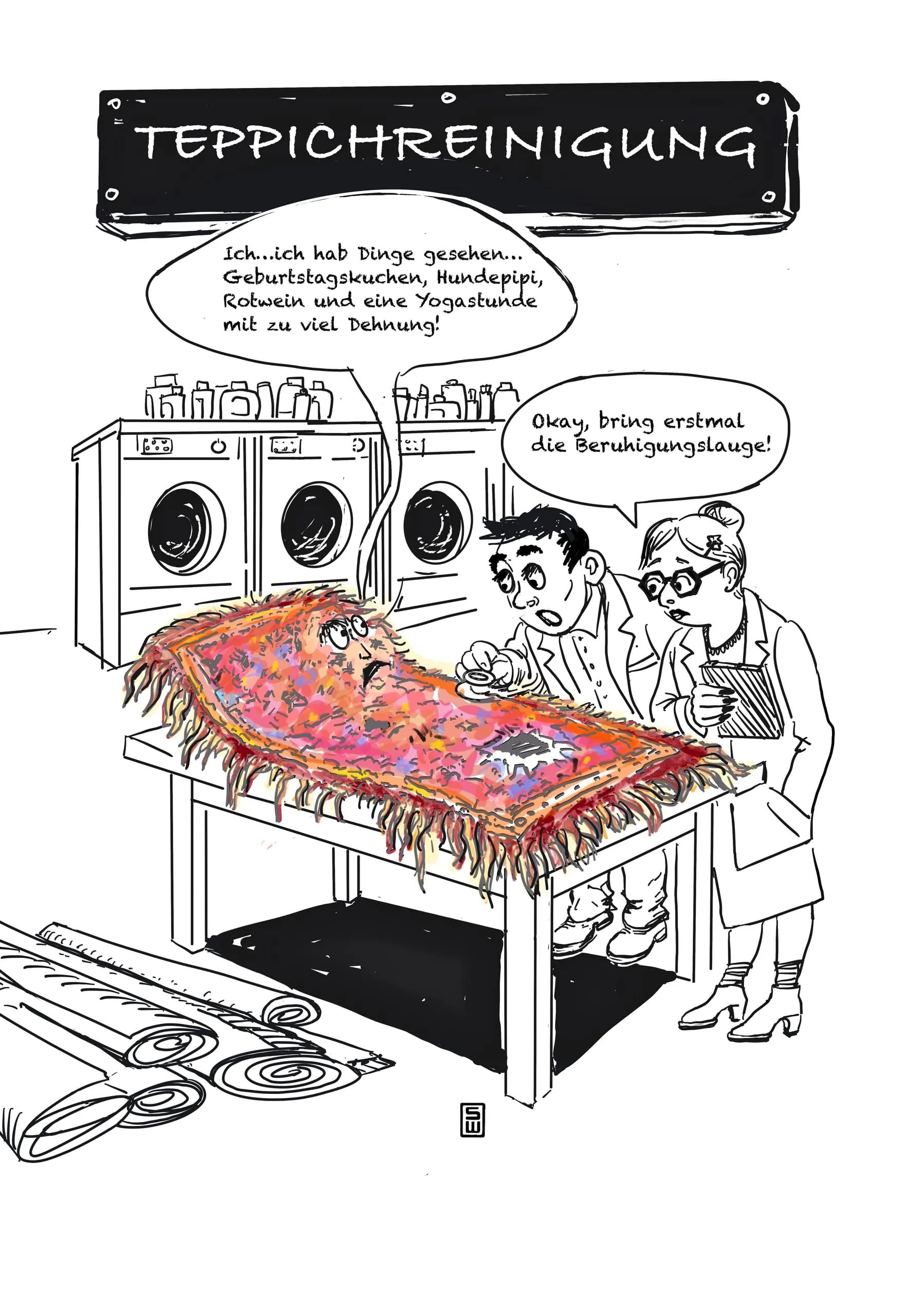 Cartoon Teppichreinigung Teppich braucht Beruhigungslauge