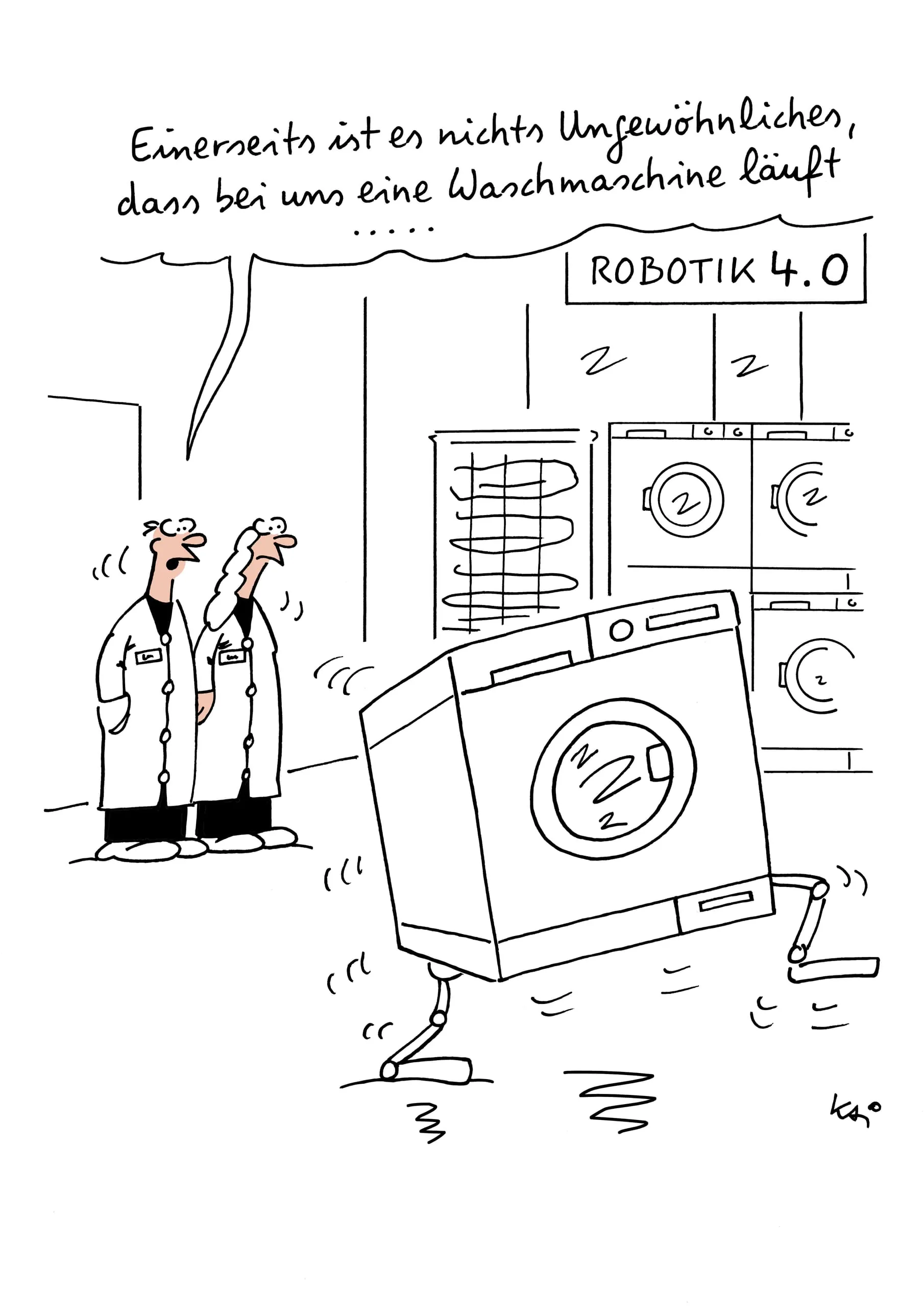 Cartoon mit Waschmaschine auf Beinen in einer Wäscherei
