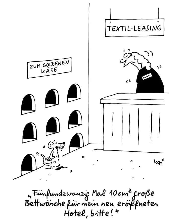 Mit der Mäusebettwäsche ging es im Januar 2018 los. Seitdem zeichnet Kai Felmy für R+WTextilservice den Cartoon des Monats.