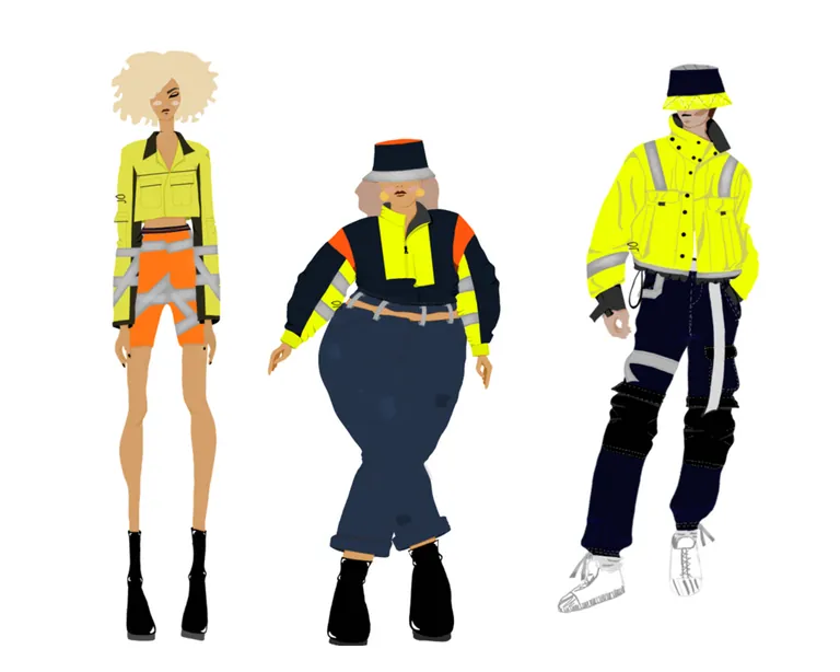 Illustration: Drei Models mit Mode aus recycelter Arbeitskleidung.