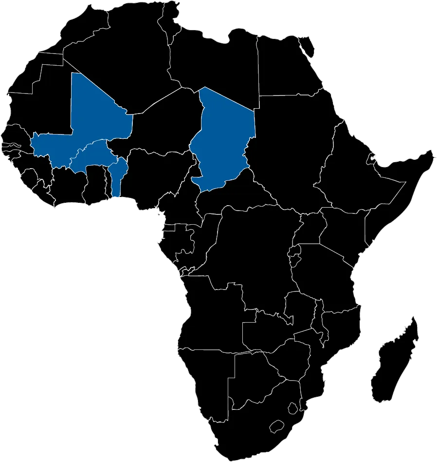 Grafik einer Afrikakarte, die die vier Baumwollproduzentenstaaten Benin, Burkina Faso, Tschad und Mali zeigt.