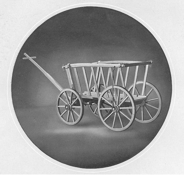 Das Bild zeigt den Miele-Handwagen. Ein von Hand gezogener Karren für den Materialtransport.