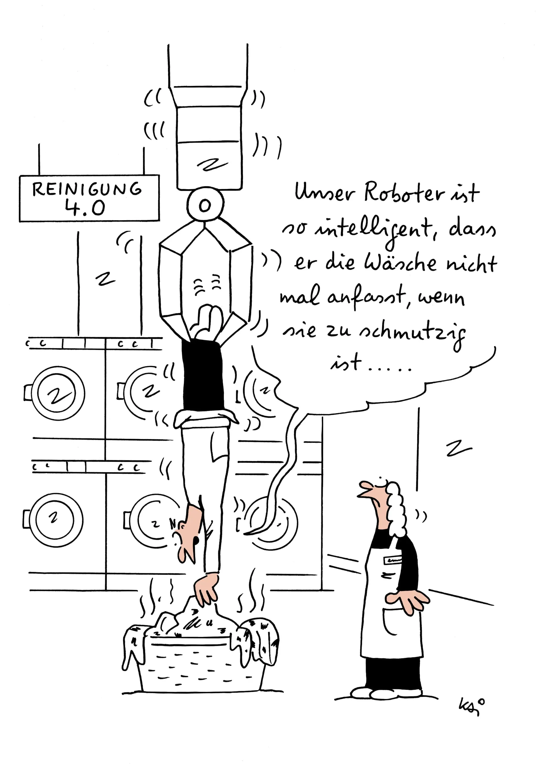 Cartoon Roboterintelligenz KI 4.0 Wäscherei Textilreinigung