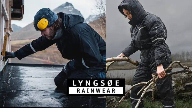 Das Bild zeigt zwei Personen, die Regenbekleidung von Lyngs&oslash;e Rainwear tragen.