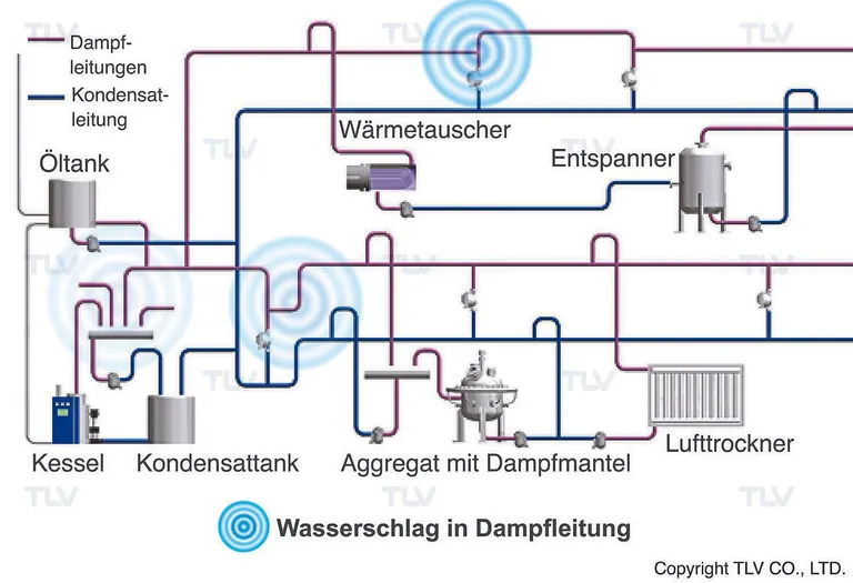 Die Grafik zeigt, an welchen Stellen Wasserschlag in Dampfleitungen auftritt.