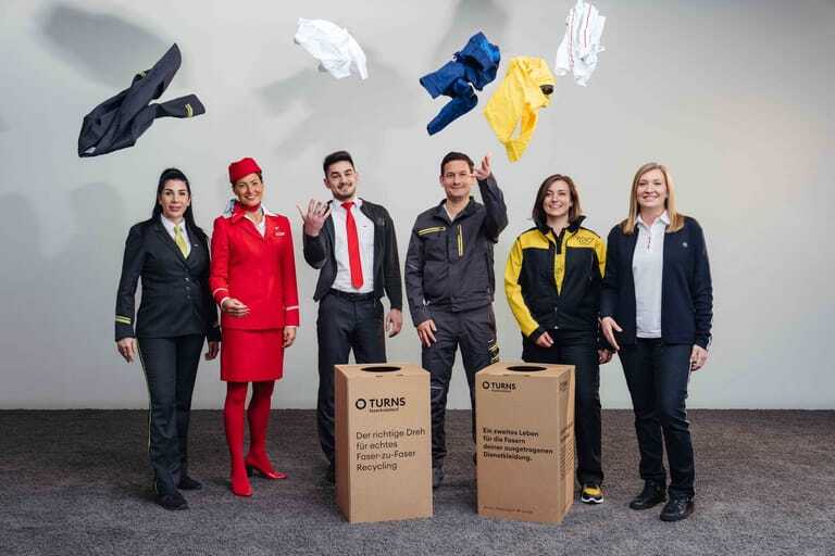 6 Unternehmen setzen mit ihrem Schulterschluss bei textiler Kreislaufwirtschaft ein starkes Zeichen (v.l.): CAT, Austrian Airlines, ÖBB, SALESIANER, Post, Wiener Linien.