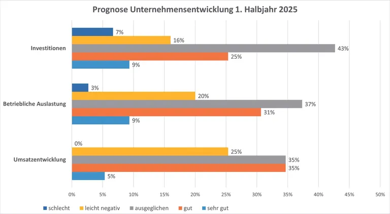 Balkendiagramm zur Bewertung der Entwicklung von Investitionen, der betrieblichen Auslastung und der Umsatzentwicklung von schlecht bis sehr gut.