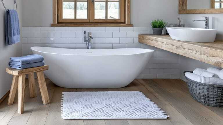 Elegantes modernes Badezimmer mit freistehender Badewanne, natürlichen Holzakzenten und einer großen flauschigen Badematte.