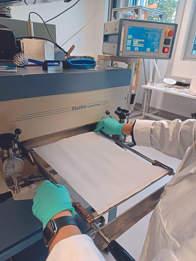 Das mit AGXX ausgerüstete Gewebe trocknet fixiert im Labor Spannrahmen.