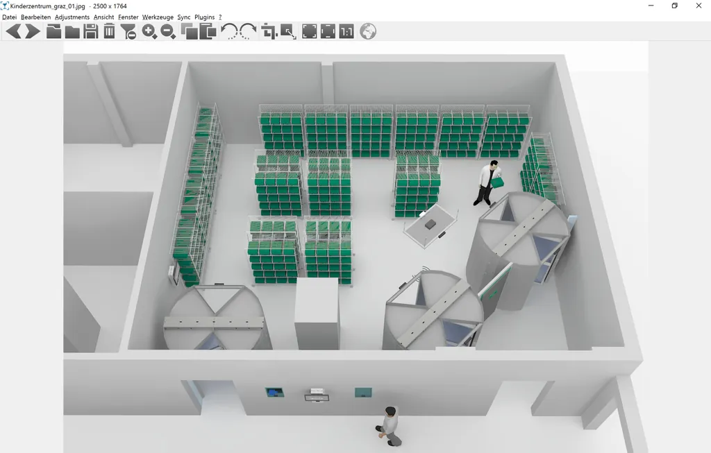 Die virtuelle Simulation des Bekleidungsraums des Uniklinikums Graz.