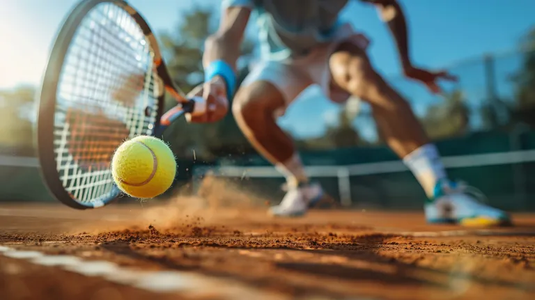 Konzentrierter Tennisspieler, der während eines Wettkampfspiels auf einem sonnenbeschienenen Sandplatz eine Rückhand schlägt.