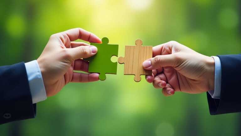 Zwei H&auml;nde in Businessanz&uuml;gen f&uuml;gen ein gr&uuml;nes und ein h&ouml;lzernes Puzzleteil zusammen. Symbolbild f&uuml;r Zusammenarbeit, Nachhaltigkeit und strategische Partnerschaften.