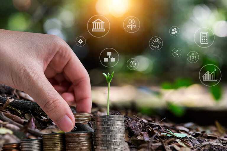 Eine Hand stapelt M&uuml;nzen auf einem Waldboden, aus denen ein gr&uuml;ner Spross w&auml;chst &ndash; Symbolbild f&uuml;r nachhaltige Investitionen. Im Hintergrund sind Icons zu Finanzen und Wachstum sichtbar, darunter ein Bankgeb&auml;ude, Zahnr&auml;der, ein Diagramm und eine Pflanze mit Dollarzeichen.