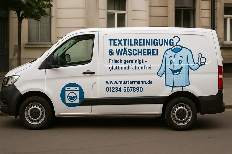 Fahrzeugwerbung mit Logo, Name des Betriebs, Telefonnummer und Website.