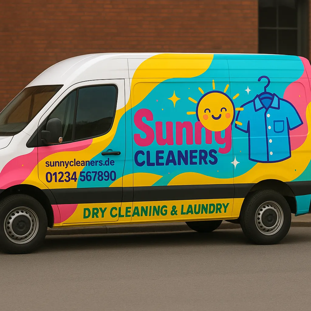 Beispiel einer farbenfrohen L&ouml;sung f&uuml;r Fahrzeugwerbung in pink, blau, gelb.