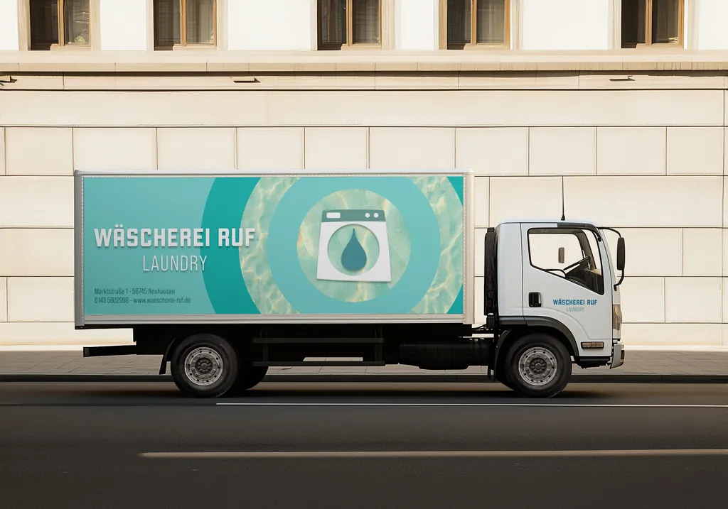 Beispiel f&uuml;r einen LKW mit Fahrzeugwerbung f&uuml;r die W&auml;scherei Ruf