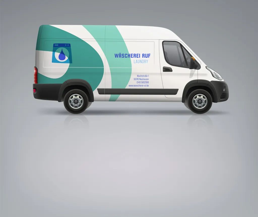 Werbung f&uuml;r die W&auml;scherei Ruf auf einem wei&szlig;en Sprinter.