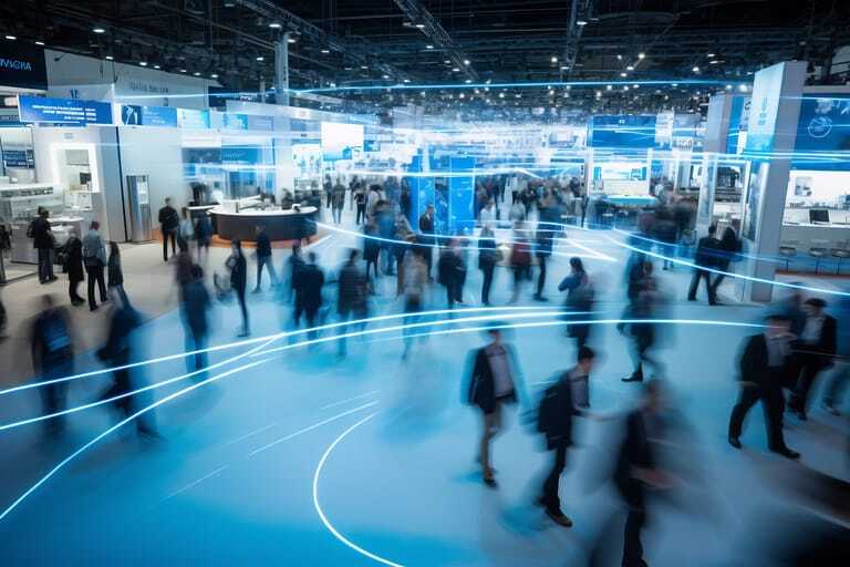Dynamische Messehalle mit Bewegungsunschärfe der Teilnehmer, die die pulsierende Energie hervorhebt