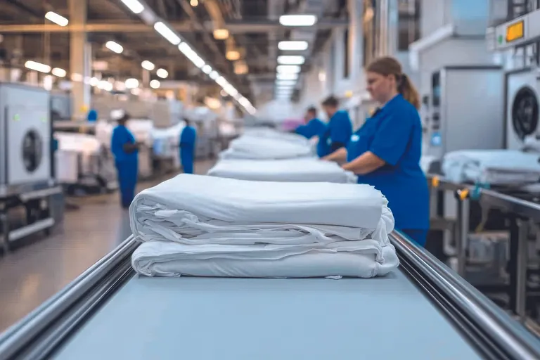 Flie&szlig;band mit gefalteter wei&szlig;er W&auml;sche in industrieller W&auml;scherei, Mitarbeiter in blauen Kitteln im Hintergrund.