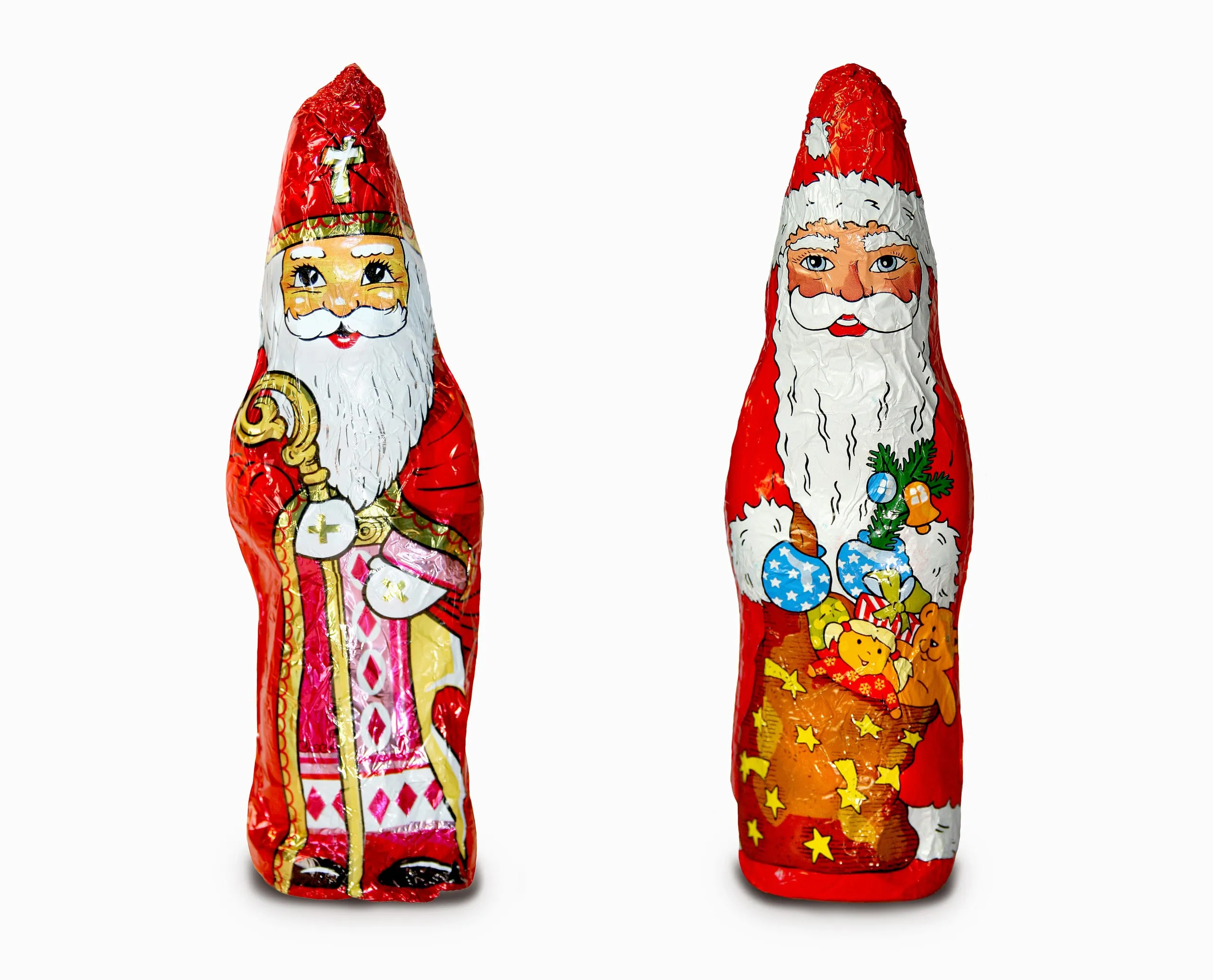 Nikolaus und Weihnachtsmann aus Schokolade.