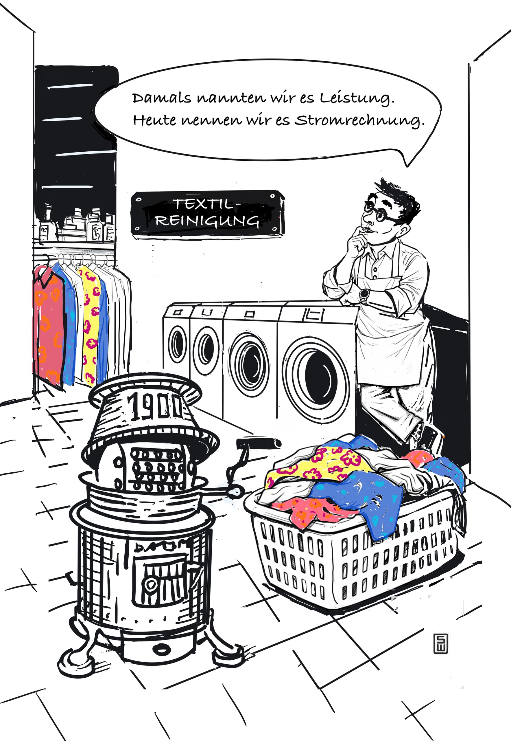 Cartoon Stromrechnung Wäscherei