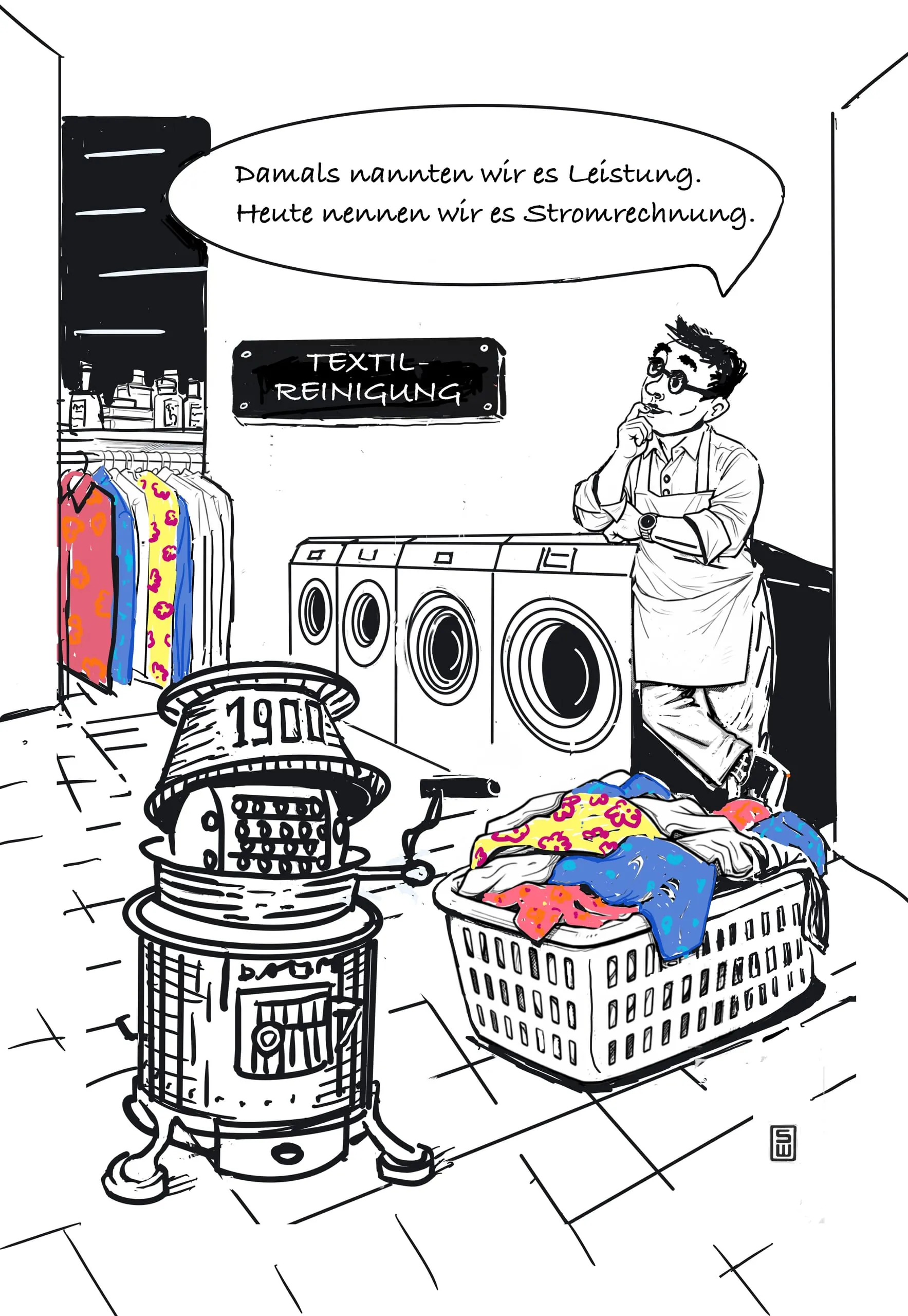 Cartoon Stromrechnung Wäscherei