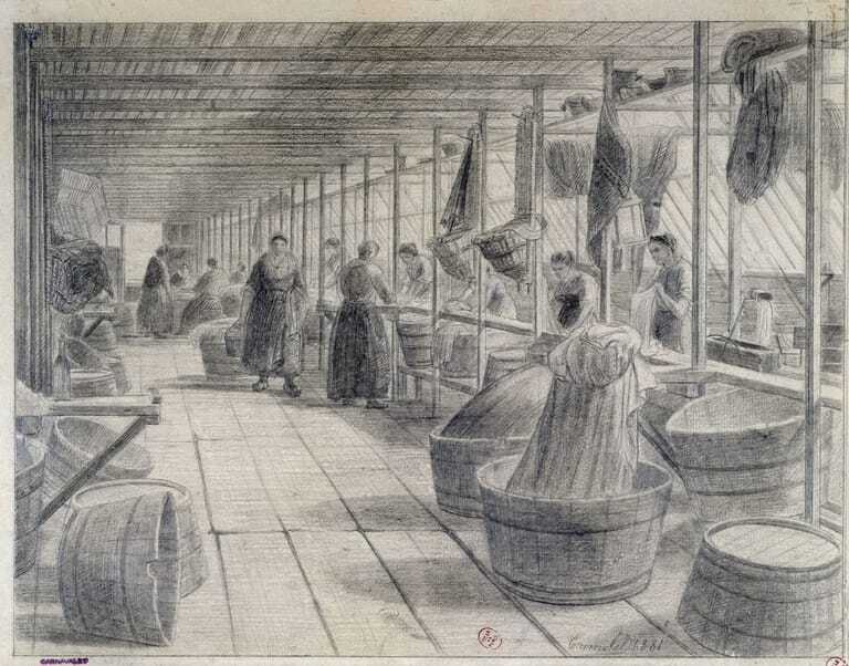 Zeichnung von Alphonse Louis Pierre Trimolet (franz&ouml;sischer Maler, 1835 &ndash; 1895) zeigt W&auml;scherinnen auf Waschschiff