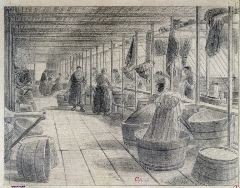 Zeichnung von Alphonse Louis Pierre Trimolet (französischer Maler, 1835 – 1895) zeigt Wäscherinnen auf Waschschiff
