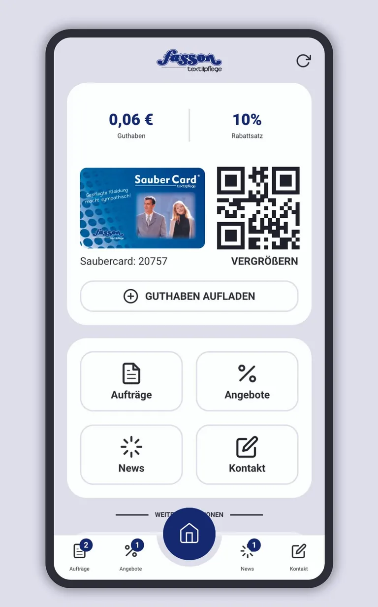 Alles im &Uuml;berblick f&uuml;r die Textilreinigungskunden: In der fasson-App ist die Kundenkarte hinterlegt.