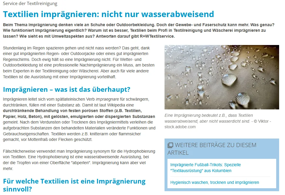 Artikel R+WTextilservie Textilien imprägnieren: nicht nur wasserabweisend