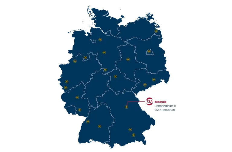 Deutschlandkarte mit den 22 Standarten der TSA: