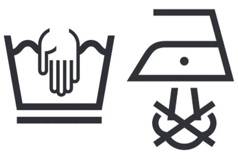 Die neuen Symbole für Handwäsche im schonenden Prozess (li.) und nicht heiß Bügeln (maximale Sohlentemperatur 120 °C) ohne Dampf.