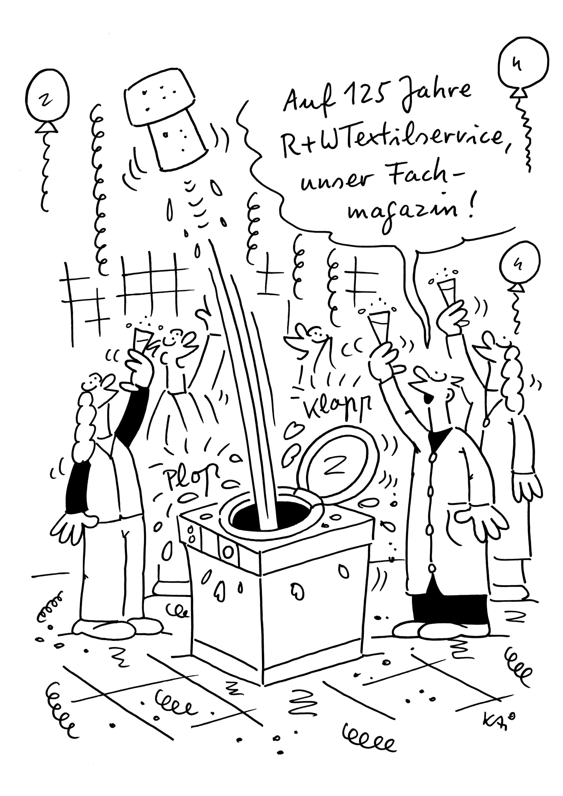 Cartoon Auf 125 Jahre R+WTextilservice Fachmagazin Jubiläüum Party Waschmaschine Sektkorken