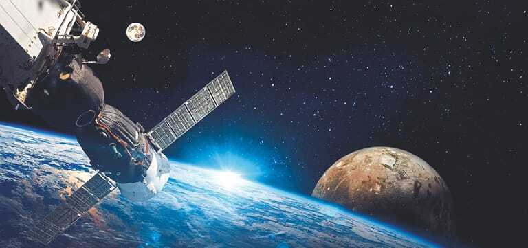 Space station on orbit of the Earth planet and universe background