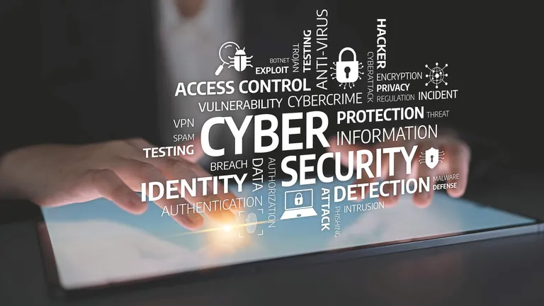 Hands on Touchscreen Device Highlighting Cyber Security Concepts with Security Icons and Keywords Related to Protection, Detection, and Management. Tessel